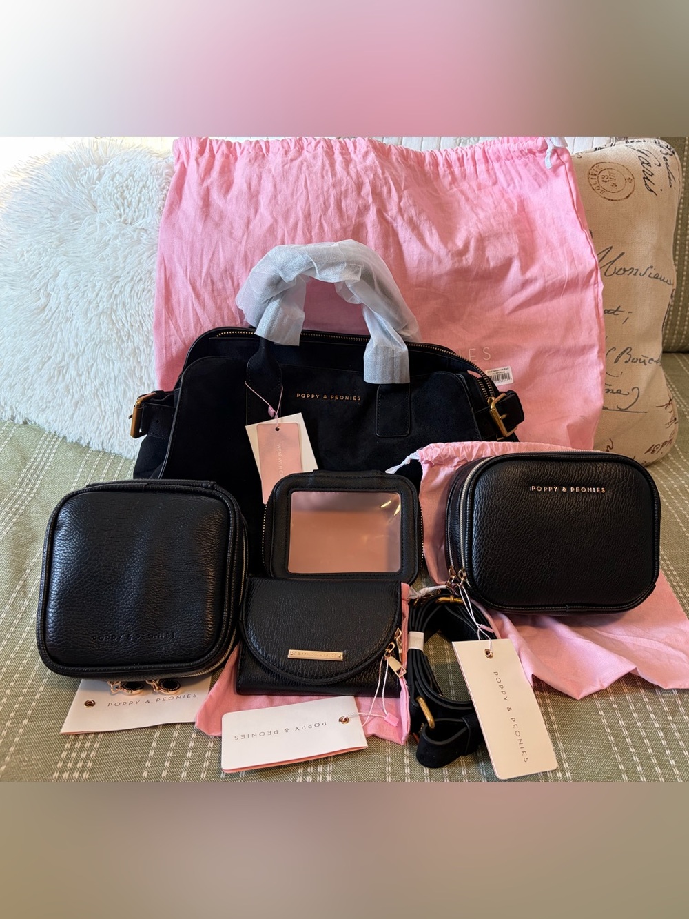 Poppy and Peonies Mini Black Suede Uptown Purse with 4 accessories